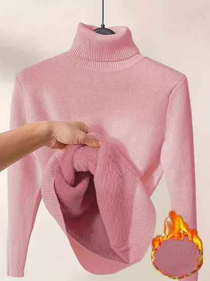 Fleece Turtle Neck Sweater Winter Warm Elegant Thick Knitted Pullover Tops Women's Clothing