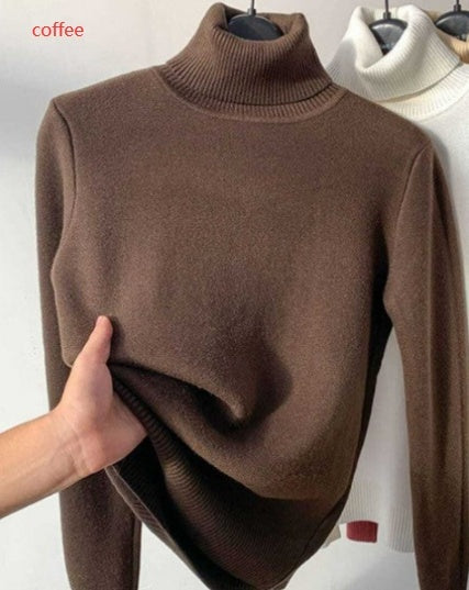 Fleece Turtle Neck Sweater Winter Warm Elegant Thick Knitted Pullover Tops Women&