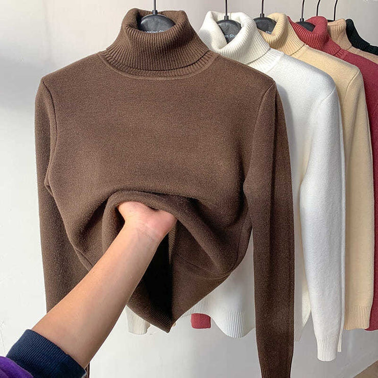 Fleece Turtle Neck Sweater Winter Warm Elegant Thick Knitted Pullover Tops Women&