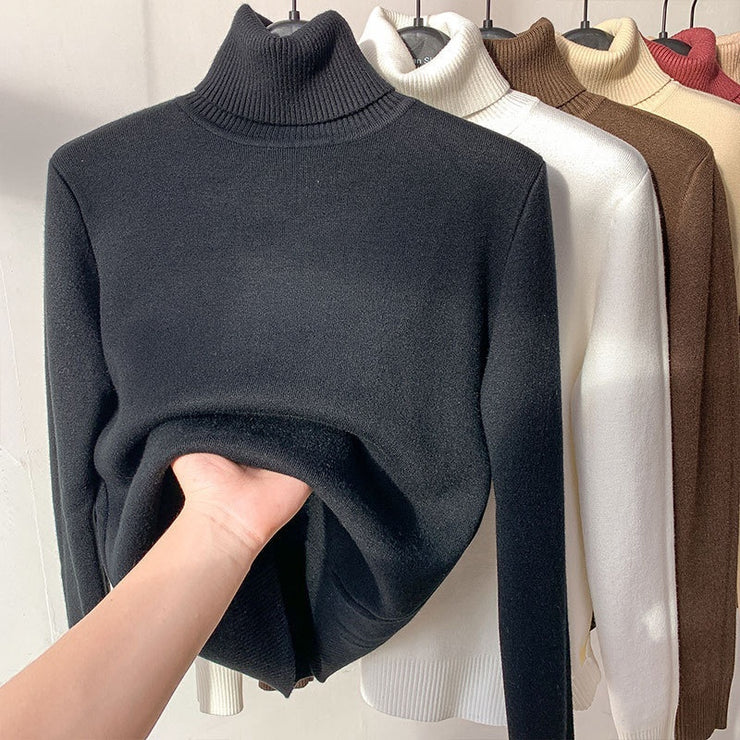 Fleece Turtle Neck Sweater Winter Warm Elegant Thick Knitted Pullover Tops Women&