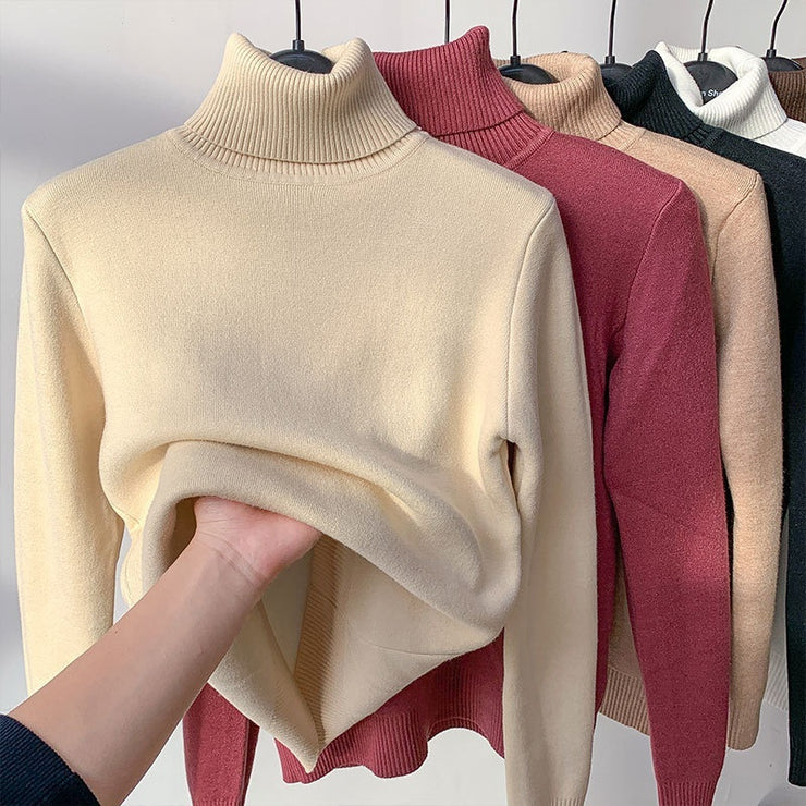 Fleece Turtle Neck Sweater Winter Warm Elegant Thick Knitted Pullover Tops Women&